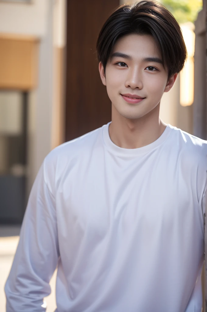 male handsome 20-year-old handsome shirt guy，looking to the camera，frontage，high qulity，tmasterpiece，8K.4K,1080P，Light-sensitive, ยิ้ม