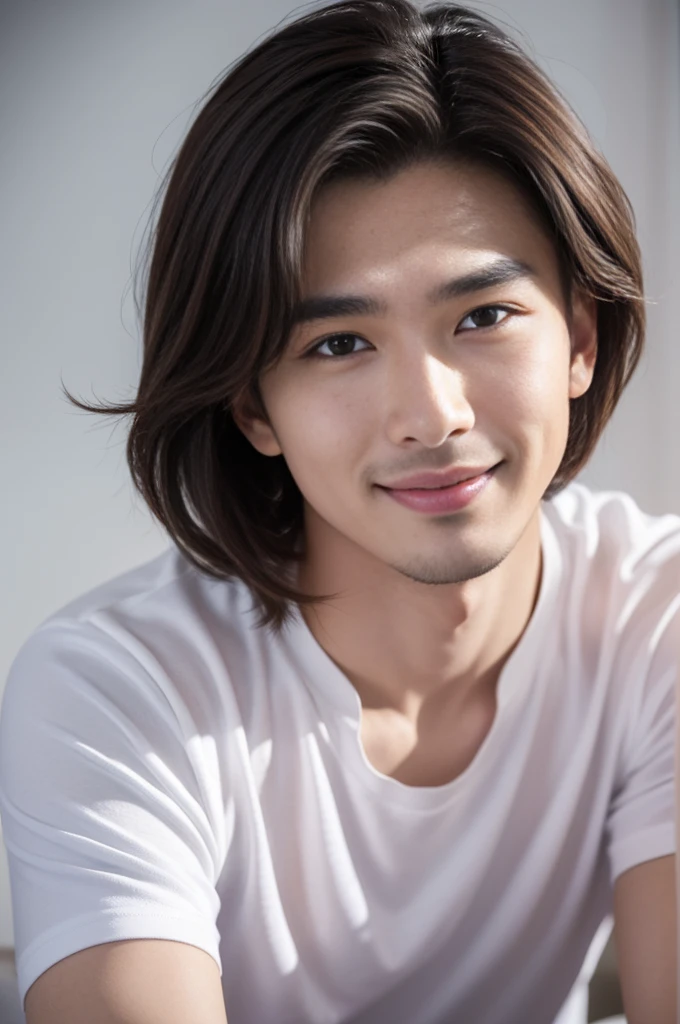 male handsome 20-year-old handsome shirt guy，looking to the camera，frontage，high qulity，tmasterpiece，8K.4K,1080P，Light-sensitive, ยิ้ม