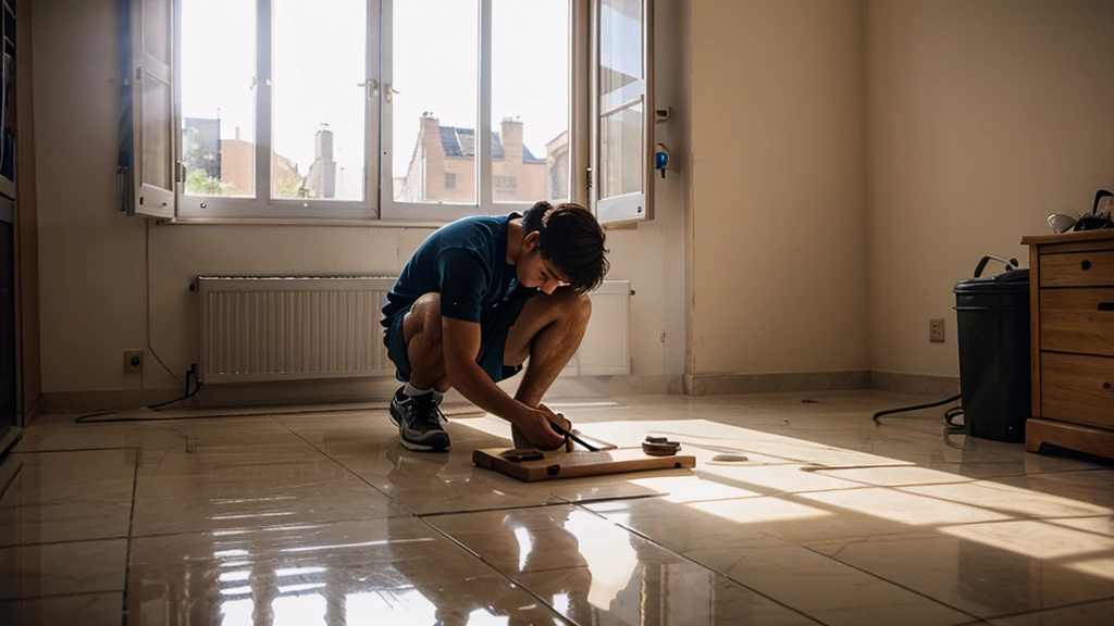 man working with marble, beautiful sunlight from window