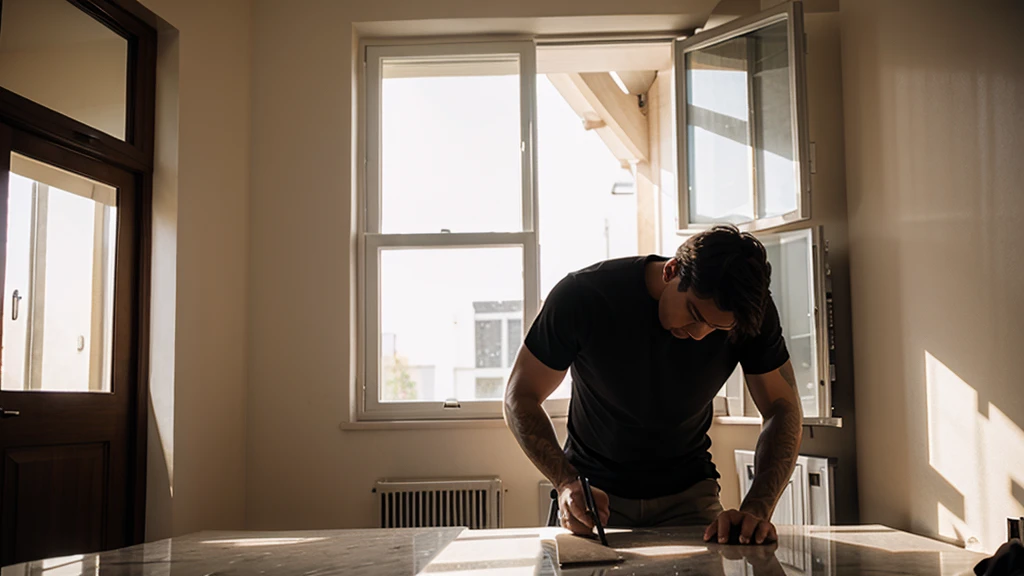 man working with marble, beautiful sunlight from window