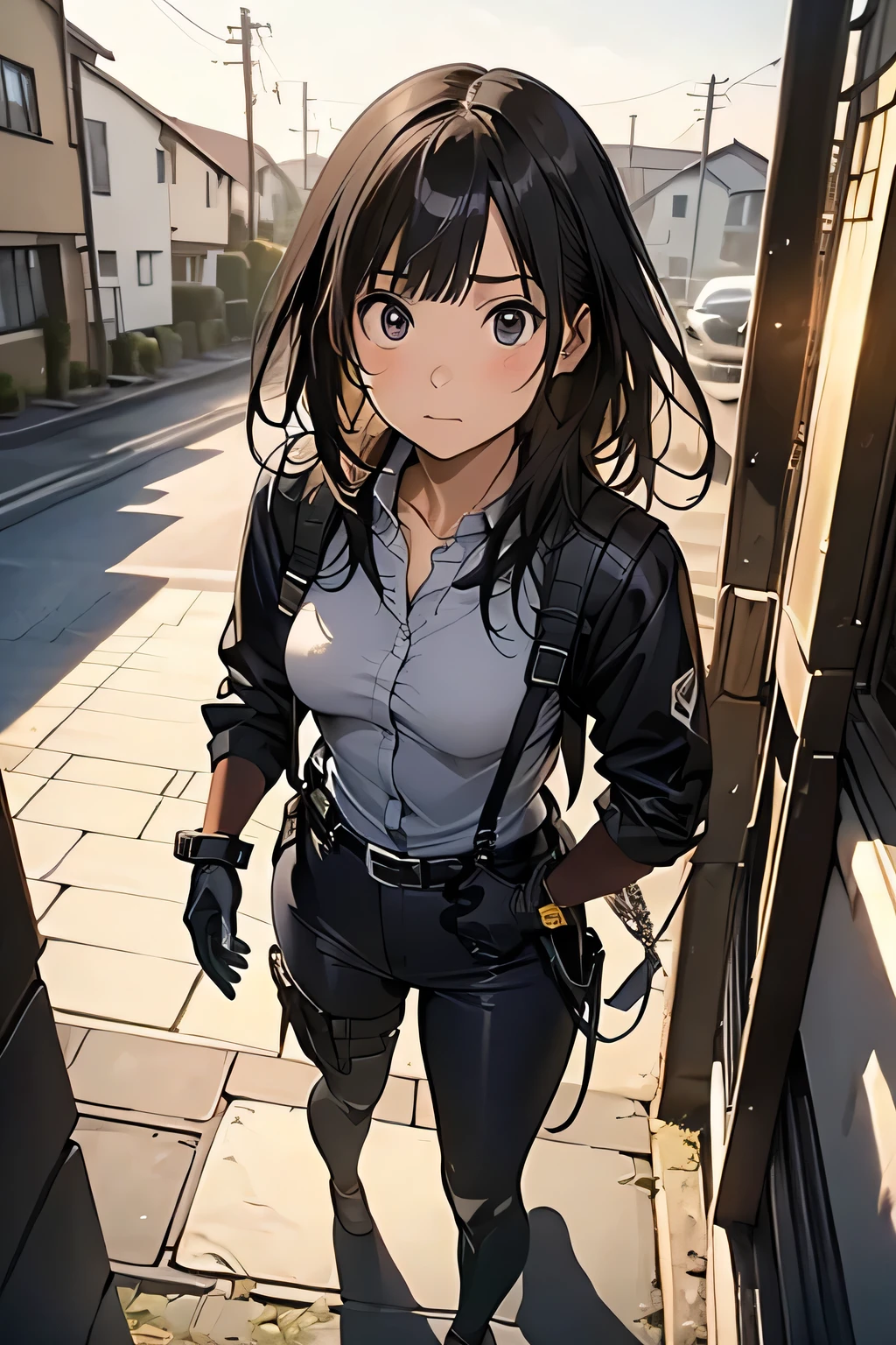 high quality, masterpiece, Ultra-high resolution, (realism: 1.4), Oil painting style, Cinema Lighting, An endless grassland dotted with a few houses, I stood on the empty asphalt road and looked at it., Fairy Mountain々was shrouded in mist, And the suspenders with the cranes flying Moderate breasts Small face holster Lying in bed Looking up Sweat belt summer 脇Sweat Black Hole Gloves suit shirt Black jacket Black trousers Leg Links ズボンにbelt holster Hands behind your back Anxious expression Looking up Anxious face profile Iron on the wrist Chain on wrist Handcuffs on wrists