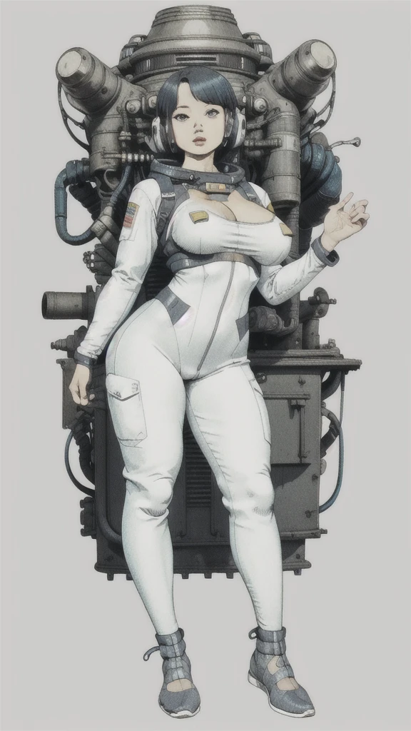 monochromatic、Girl、Asian、Large Breasts、Simple Background、Retro space suit、
