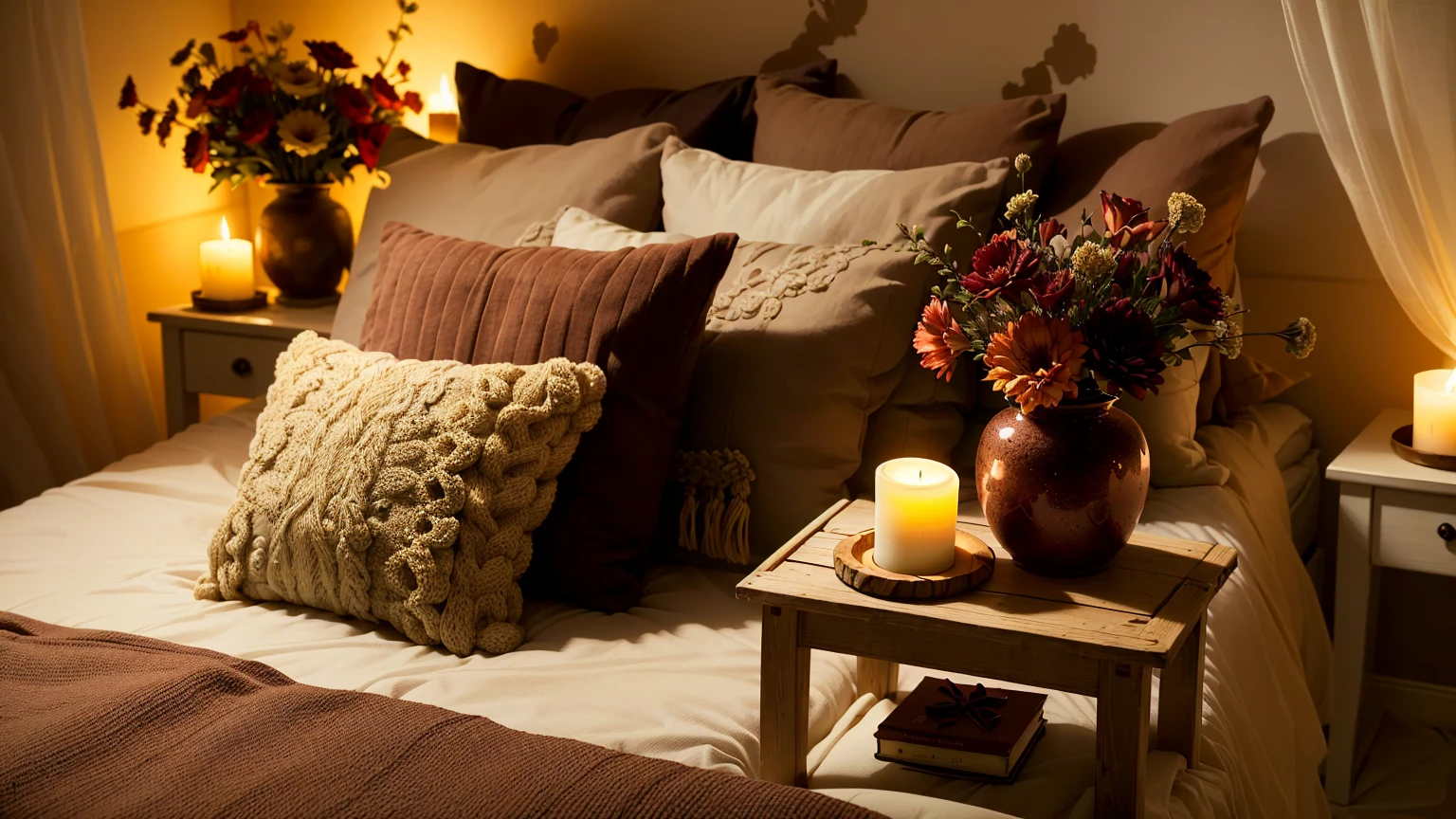 A bed with a white blanket、There is a brown vase with flowers and a candle in it, Cozy candlelight, Warm and cozy colors, Cozy and quiet atmosphere, Cozy atmosphere, Cozy and calm, Cozy atmosphere, Pleasant atmosphere, Cozy atmosphere, Cozy atmosphere, Cozy atmosphere, Pleasant atmosphere, warm indirect lighting, Cozy place, Cozy home background, Cozy environment, pleasant Cozy atmosphere