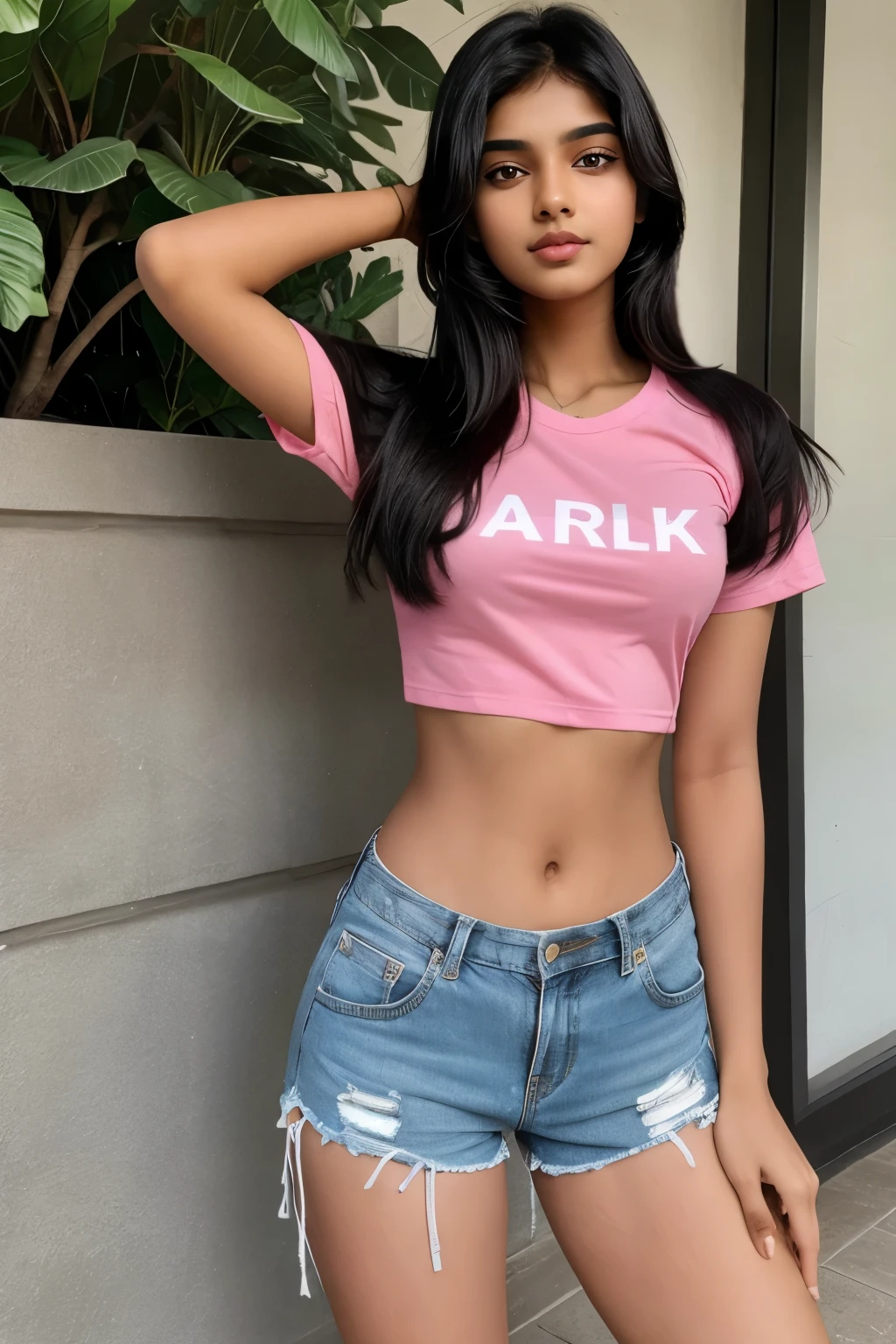 An indian teenager girl with pink lips and t shirt and shorts , dark black hair and a bit skinny with good looking body