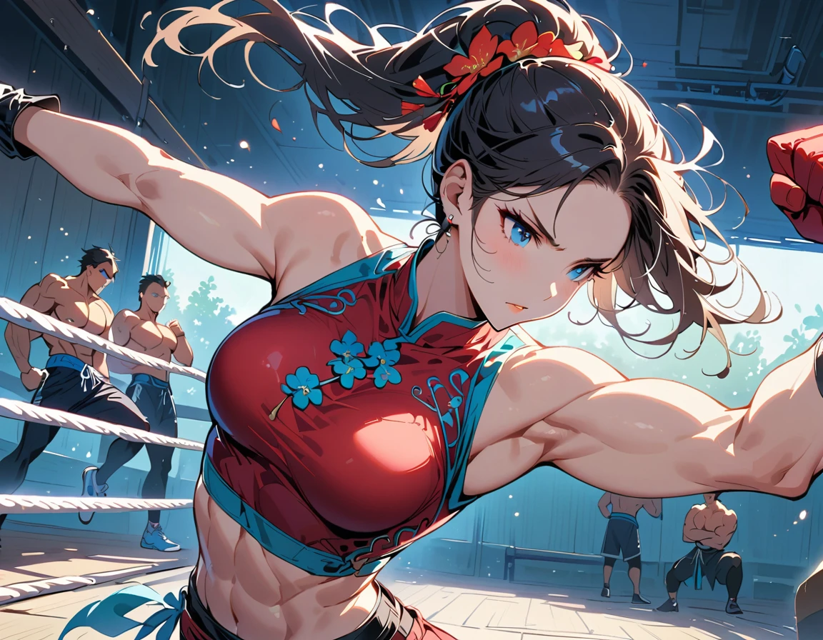 Boxing Match between muscular woman and doing a high kick, six pack, no men in background , Chinese dress crop top, and leggings ,portrait, empty dojo background