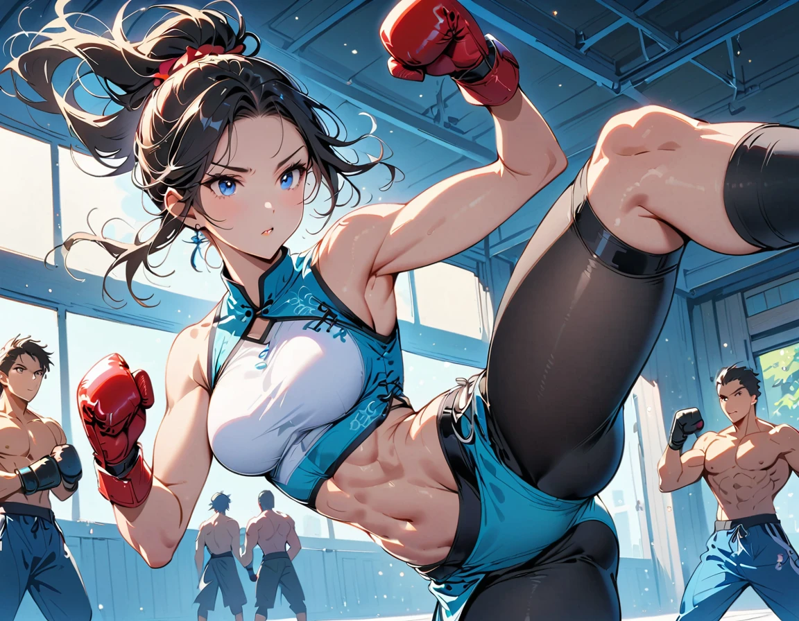 Boxing Match between muscular woman and doing a high kick, six pack, no men in background , Chinese dress crop top,  and leggings ,portrait, empty dojo background 