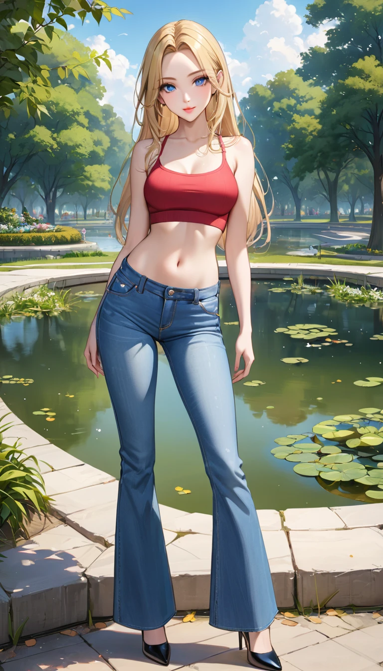 ((best quality, masterpiece:1.3, 8K)), (detailed), highly detailed face and skin texture, detailed eyes, seductive pose, park, pond, full body, (slender body:1.1), 1girl, 25 years old, white skin, blue eyes, bright lips, seductive smile, blonde hair, straight hair, long hair, (forehead:1.0), bright colored clothes, croptop, navel, jeans pants, flares jeans, blue jeans, black heels,