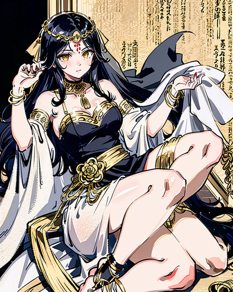 masterpiece, best quality, ultra-detailed, 1girl, solo, looking at viewer, (curvy:1.1), large breasts, black hair, long hair, hair over one eye, (wavy hair:1.1), yellow eyes, neck ring, armlet, bracelet, (white veil:1.2), (hair ornament:1.1), (chain:1.1), (gold:1.3), (gold trim:1.2), rose, sweat, sitting, arm up, full body, anklet,, outdoor