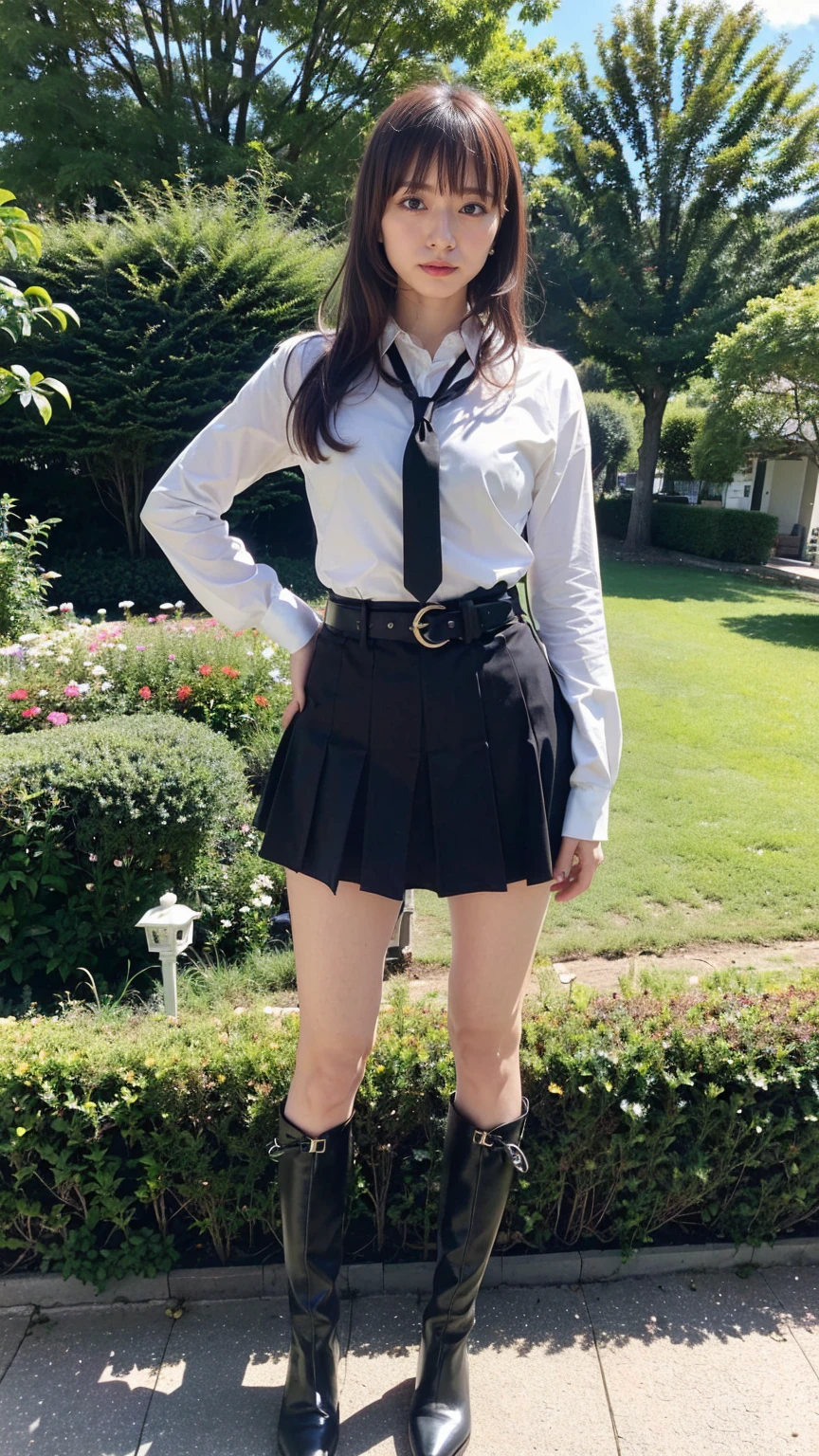 (8K、RAW Photos、Highest quality、masterpiece:1.2)、(Realistic、Realistic)、1 Girl、((Check mini skirt、tie、Medium Hair、black、Thin legs、whole body、boots、blackいコート、one piece、garden、View from the front、Looking into the camera、belt、Stand with hands on hips))、