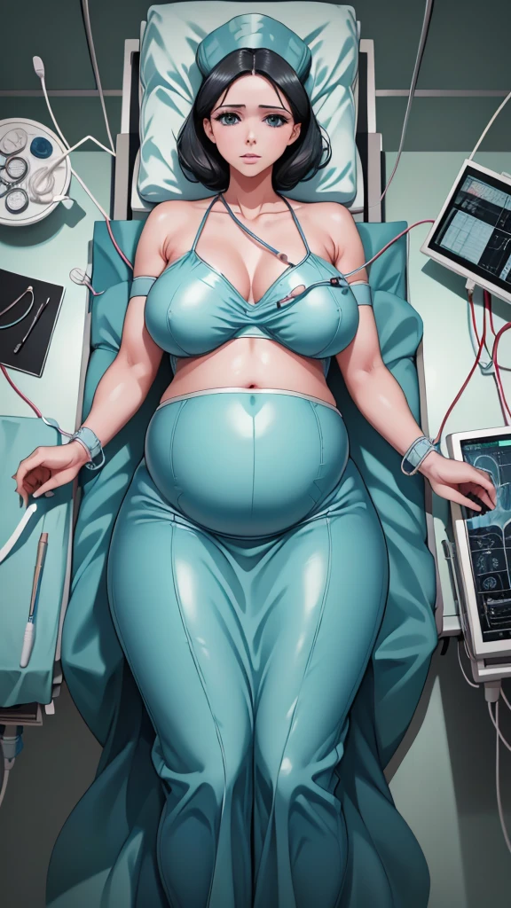 (give a score of 9_give a score of 8_give a score of 7)
masterpiece, highest quality, best quality, view from top down, see the whole body, surgical lamps shine from the ceiling,
1 women, solo, in one hospital, in the operating room, a pregnant woman, about 10 months pregnant, pale skin, open her belly, her stomach was revealed, a pregnant woman has a radiant, wrinkle free stomach, she had a look of pain and suffering on her face, frown, surgical cap, lying on the operating bed, lie on your back, lying with arms spread out, spread your arms out, wide, bare stomach, the skin of the abdomen is bright, show your belly, look at her pregnant belly, saw a pregnant woman's navel, cloth covering both legs, big breasts, long slender beautiful legs, don't put your hands on your stomach, she had a difficult birth, a scene in the operating room shows a pregnant woman suffering from a difficult birth