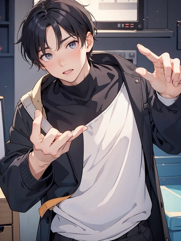 One Man, Portrait from chest up, Very short black hair, Old man in clothes, Please open your eyes a little, Male hand,Man&#39;s face,Male eyebrows, Male Eyes, Sharp Nose ,Long Nose, Shiny hair with wax, Black butler uniform, Iris, walking , A kind smile, Reminiscent of a novel cover, Dramatic lighting, Emphasize the contrast between light and shadow, (Official Art, Highest quality、unity 8k wallpaper、32k、masterpiece、Very detailed, grab your hair with your hands, Cinema Lighting, Isekai Tensei, anime,Beautiful light shining through the window, sense of cleanliness,