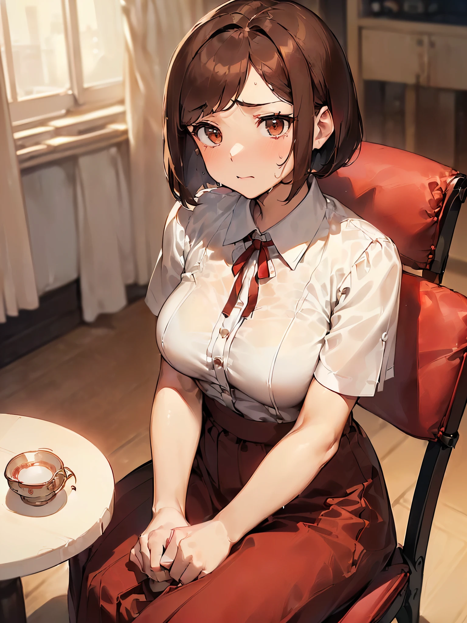 (((Red long skirt:1.9 A small red ribbon on the chest:1.3. She opens the front of her blouse by herself. Her white bra is visible. She has a white, short-sleeved, elegant blouse.))),(((Apartment room、Sitting in a chair、Anxious expression、Tea on the table:1.3)))Mid-length bob cut hair:1.9. Big breasts:1.6、(((1 Female:1.3))), (((Brown Hair:1.3. Wavy Hair:1.5. Bob Cut Hair:1.9 Round Eyes Beauty:1.3. Shapely breasts, brown eyes, side-swept bangs, red cheeks:1.3 Sweat:1.3)))、(((Top quality masterpiece high resolution perfect human body:1.3))),(((Sweat:1.3,cute:1.3)))