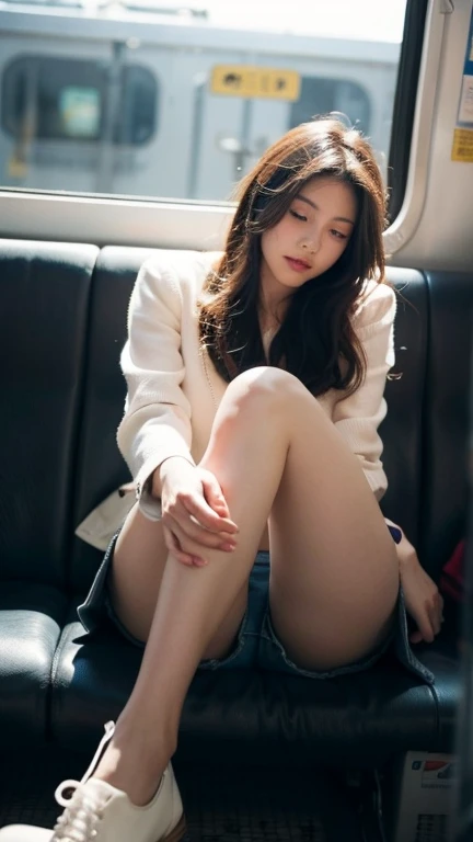 masterpiece, High resolution, Ultra High resolution, 4K, Black Hair, Japanese Girls, Uniform skirt, Accentuate your thighs, White thighs, Soft thighs, Shiny thighs, Sitting on a train, Facing angle, Angle from below, Sitting on a train Seat, Sit in front, Zoom camera to hip joint, Put your feet on the train floor, whole body, Looking down and sleepy, Only watching the audience, Highest quality, Ultra High resolution, Realistic, High resolution, detailed, RAW Photos, sharp, Nikon Film Stock Photos, Rich lens color, Ultra-realistic and realistic texture, Dramatic lighting, Unreal Engine,