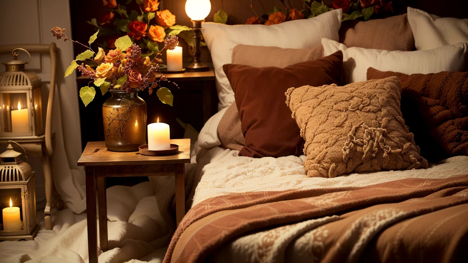 There are many candles on the bed with a brown blanket., Warm and cozy colors, Cozy candlelight, Cozy atmosphere, Cozy atmosphere, Cozy and quiet atmosphere, Cozy atmosphere, Pleasant atmosphere, Cozy atmosphere, Cozy atmosphere, Cozy and calm, Comfortable bed, Pleasant atmosphere, Cozy place, Cozy home background, pleasant Cozy atmosphere, Cozy environment, Designed for comfortable beauty!
