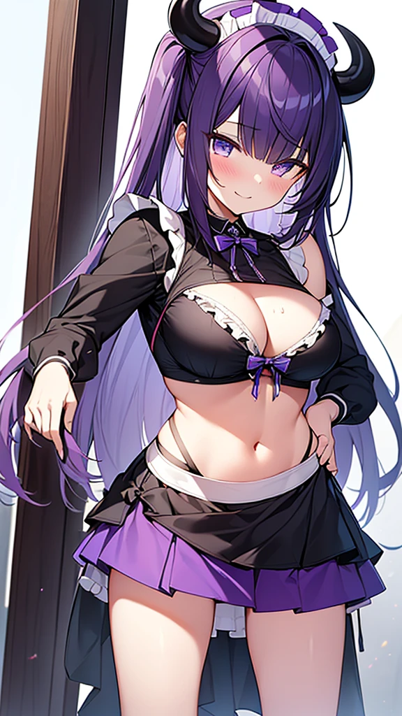 最high quality, high quality, Super detailed, 16K, Ultra-detailed details, pretty girl, alone, beautiful purple hair, Beautiful purple eyes, Big Breasts, A light smile, Summer clothes, Summer Maid clothes, I'm lifting my skirt, Blue and white color striped underwear(Bikini swimsuit under skirt), My crotch is wet with love juice, {{A succubus who steals the face skin and maid uniform from the girl she likes and plays pranks on her、I'm wearing a maid outfit while pretending to be the girl I like.}}, Full body image, NSFW