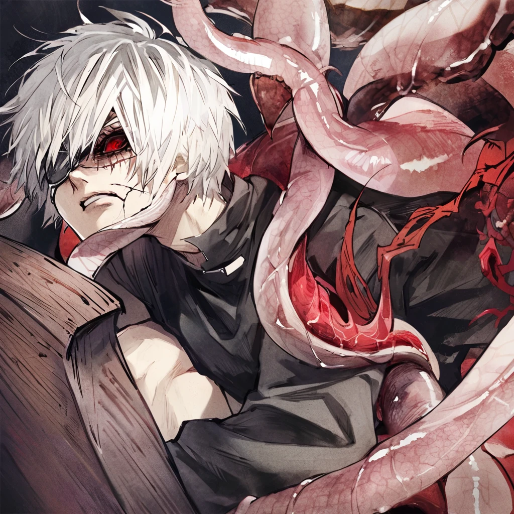 ```
ken kaneki, Tokyo Ghoul, white hair, black outfit, eyepatch, half-ghoul, serious expression, red kakugan eye, kagune tentacles, detailed face, high quality、Quiet appearance、sitting on a wooden chair、Centipede crawling

```