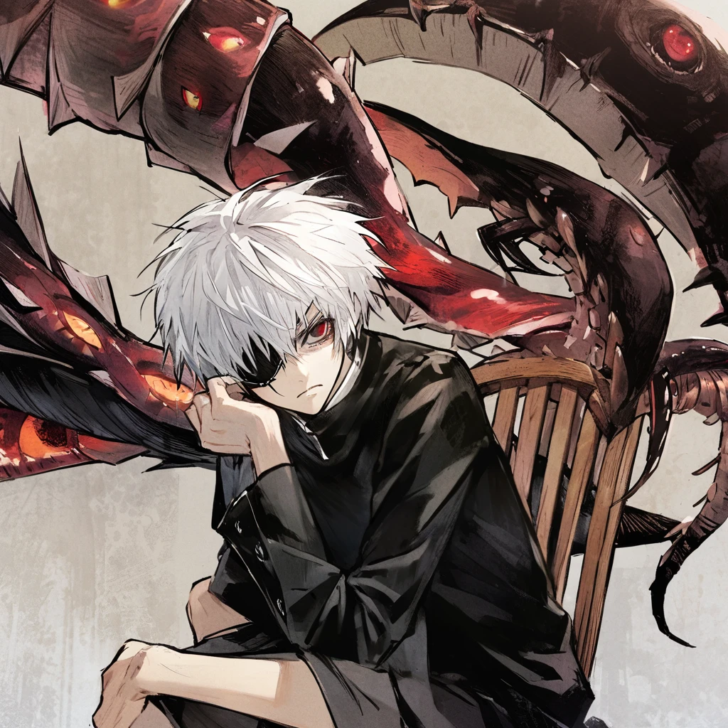 ```
ken kaneki, Tokyo Ghoul, white hair, black outfit, eyepatch, half-ghoul, serious expression, red kakugan eye, kagune tentacles, detailed face, high quality、Quiet appearance、sitting on a wooden chair、Centipede crawling

```