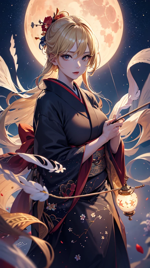 masterpiece, high quality, 4K, Beautiful design, silhouette，blonde， 非常に詳細な夜のStarry Sky,Flower Field， wonderful, Finer details,  Very knowledgeable woman, Highly detailed solo, 1 female,Big Breasts，Red colored kimono，Night view，Starry Sky，full moon，