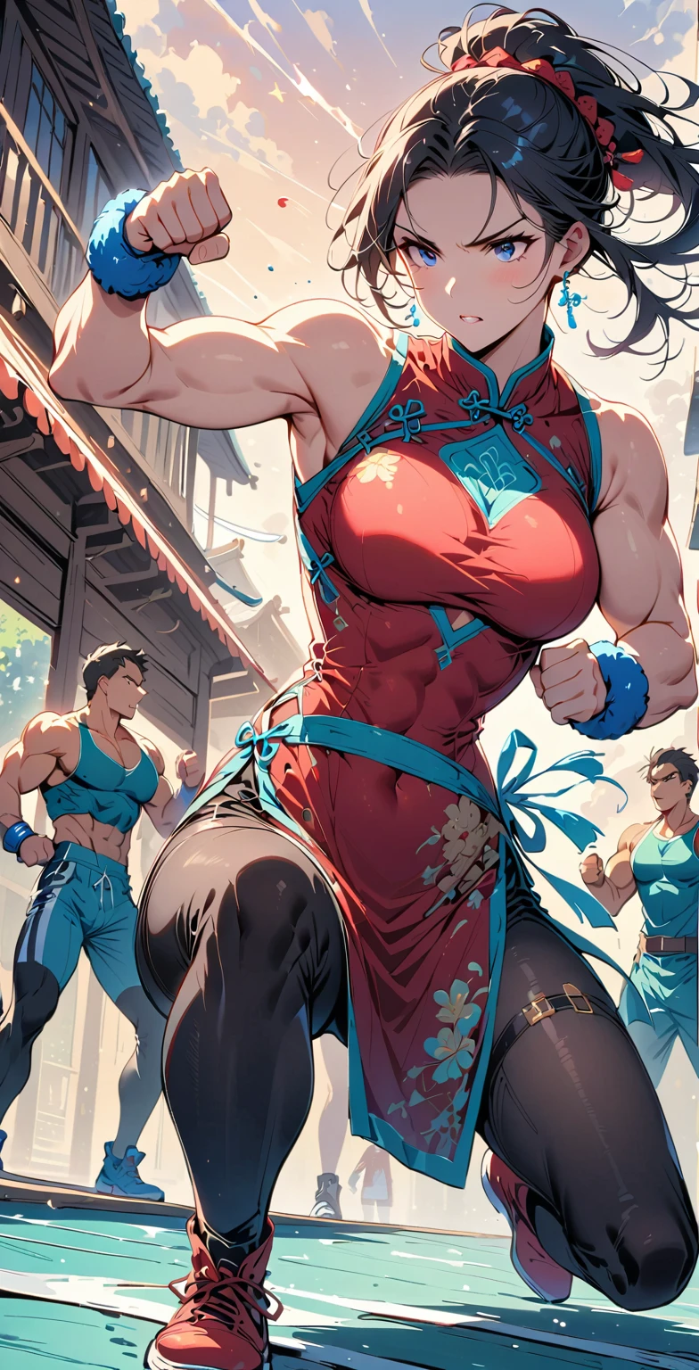 Boxing Match between muscular woman and doing a knee strike, six pack, no men in background , Chinese dress and leggings 