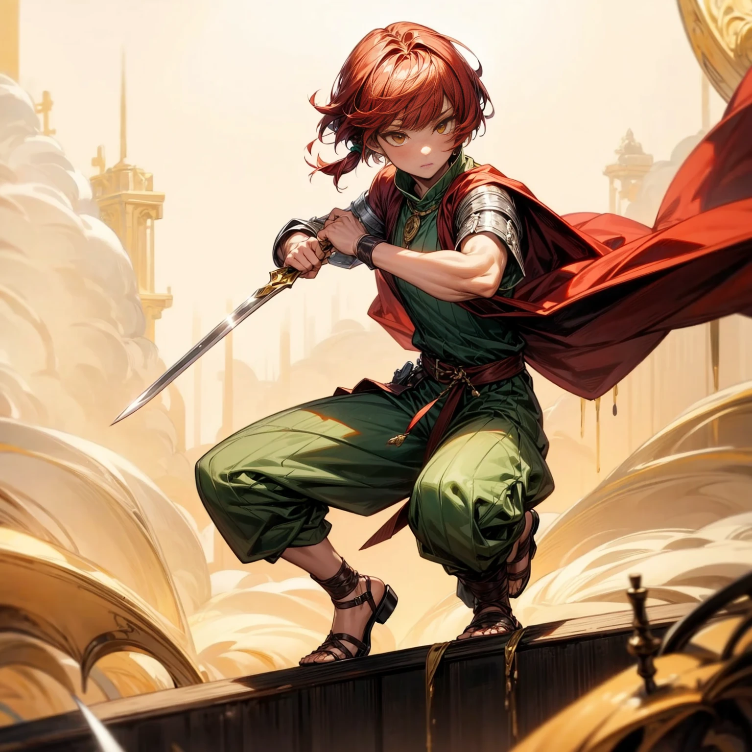 1boy, Full body version, 1character, muscle hand, muscle body, gold eyes, deep skin, bowl cut hairstyle, monolid eyes type, maroon colour hair, Renaissance clothing, lime color clothing, Ancient Roman sandals, two dagger knife silver in two hand, silver armor knight, Grassroots background in green fields, full background, in the afternoon, the silhouette of the afternoon sun, fire, fire, smoke, dagger knife emits light