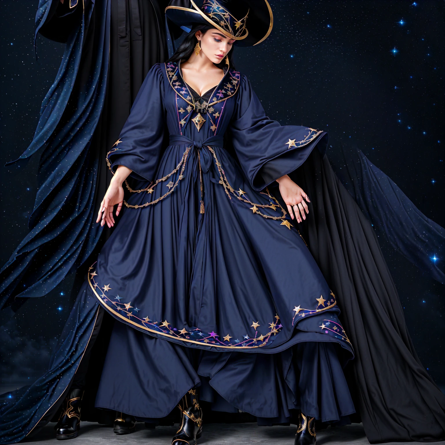 a close up of a person in a dress and boots, regal dark blue clothes, black - haired mage, gilded black uniform, dark robe, astral witch clothes, mage robe based on a toucan, clothes themed on a peacock mage, wearing star filled mage robes, wearing dark robe, ferred - themed robes and hat, cotton cloud mage robes