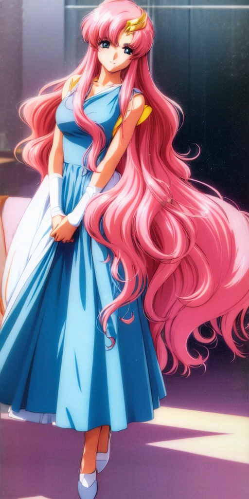 1980s \(style\),masterpiece, Highest quality, High resolution, anime, Lacus 1, One girl, alone, Pink Hair, Straight hair, hair ornaments, White sleeves, blue eyes, White Dress, Purple Skirt, Long skirt, Very long hair, Bare shoulders, Large Breasts, smile, Gundam, On the floor,retro artstyle,