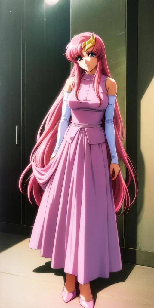 1980s \(style\),masterpiece, Highest quality, High resolution, anime, Lacus 1, One girl, alone, Pink Hair, Straight hair, hair ornaments, White sleeves, blue eyes, White Dress, Purple Skirt, Long skirt, Very long hair, Bare shoulders, Large Breasts, smile, Gundam, On the floor,retro artstyle,