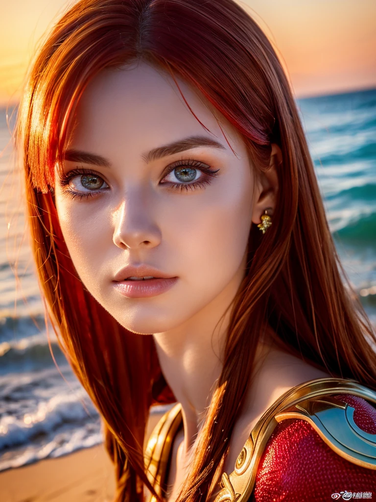 a girl with beautiful detailed eyes,beautiful detailed lips,extremely detailed eyes and face,longeyelashes,red hair,beautiful face,red mini dress,on the beach,Ariel,Elsa,hyper realistic,highly detailed,photorealistic,8K,masterpiece,cinematic lighting,dramatic lighting,vibrant colors,beautiful ocean,golden hour sunset,sexy armor,big tits