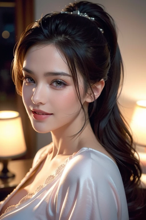 a gorgeous busty woman, ponytail, beautiful detailed eyes, beautiful detailed lips, extremely detailed face, long eyelashes, nightie, sleeping gown, beautiful detailed smile, beautiful detailed teeth, POV, lover, cinematic dramatic lighting, (best quality,4k,8k,highres,masterpiece:1.2),ultra-detailed,(realistic,photorealistic,photo-realistic:1.37),HDR,UHD,studio lighting,ultra-fine painting,sharp focus,physically-based rendering,extreme detail description,professional,vivid colors,bokeh,portrait,photorealistic,cinematic