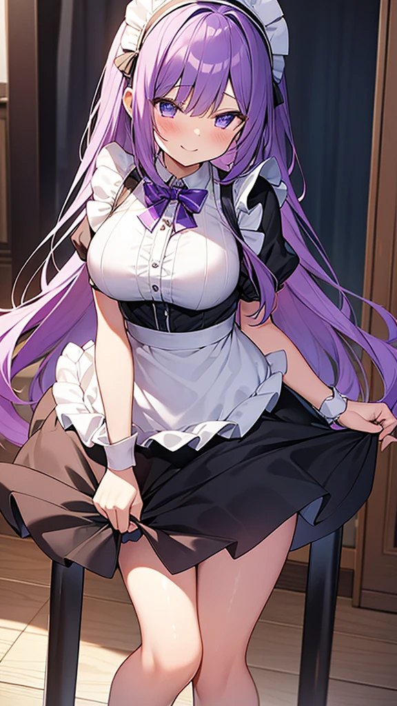 最high quality, high quality, 16K full body image, Ultra-detailed details, pretty girl, alone, beautiful purple hair, Beautiful purple eyes, Big Breasts, A light smile, Summer clothes, Summer Maid clothes, I'm lifting my skirt, Blue and white color striped underwear(Bikini swimsuit under skirt), My crotch is wet with love juice, {{A succubus who steals the face skin and maid uniform from the girl she likes and plays pranks on her、I'm wearing a maid outfit while pretending to be the girl I like.}}, The girl I like is a high school girl, Full body image, NSFW