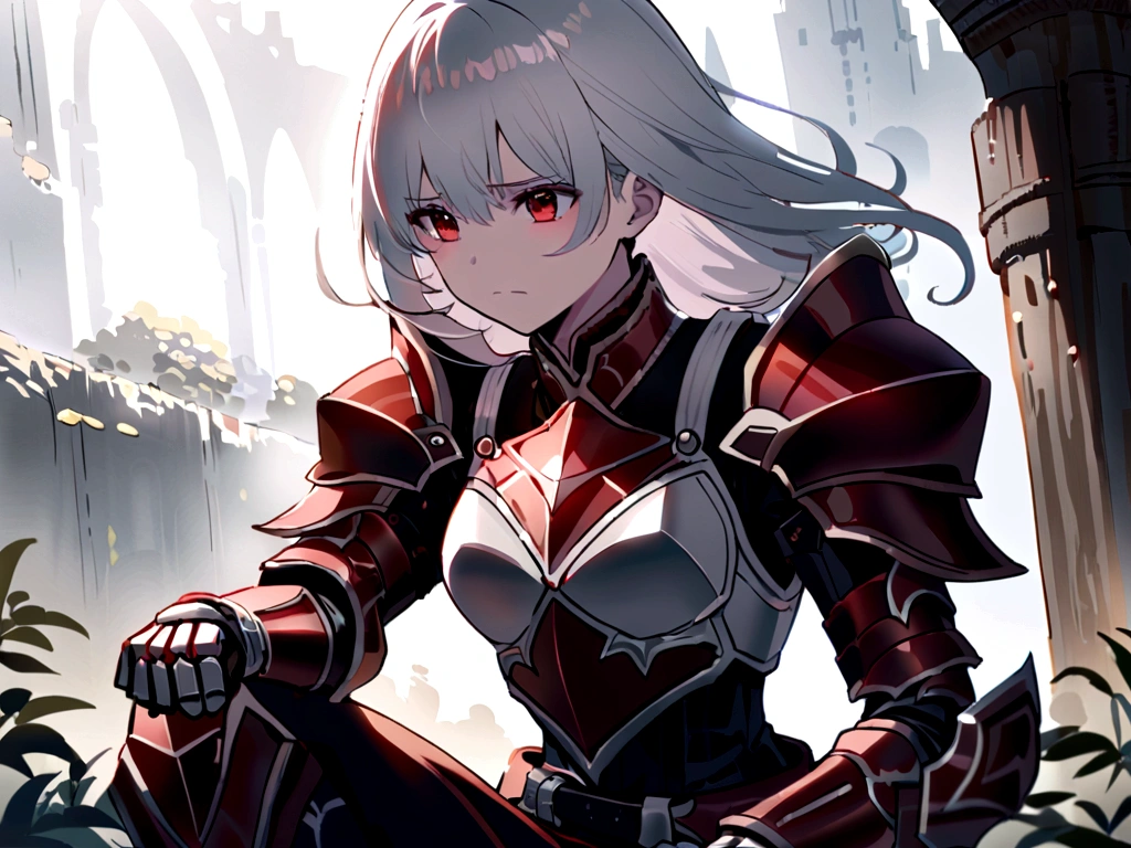 A teenage girl,White hair and red eyes,long whitr hair,Original Character、fantasy concept art、Best shadow、shallowdepthoffield、Portrait of a noble knight、Dignified、Sad expression,streaming tears,Sophisticated tactical heavy armor、Tassel waistband、Hand Guard、Pauline、High quality armor texture,Stand up,Kneel on one knee,overcast day,Snow,(HighestQuali,astonishing detail:1.25),(solo:1.3),Brilliant and colorful paintings