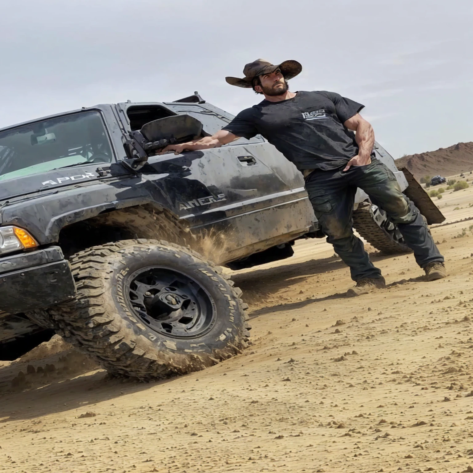 arafed truck with a man standing next to it in the dirt, rugged and dirty, stuck in mud, lifted, mid body shot, off-roading, perfectly poised, rugged, smooth in _ the background, strong and tall, black soggy pants, powerful stance, off - road, well built, rugged details, mid-shot of a hunky