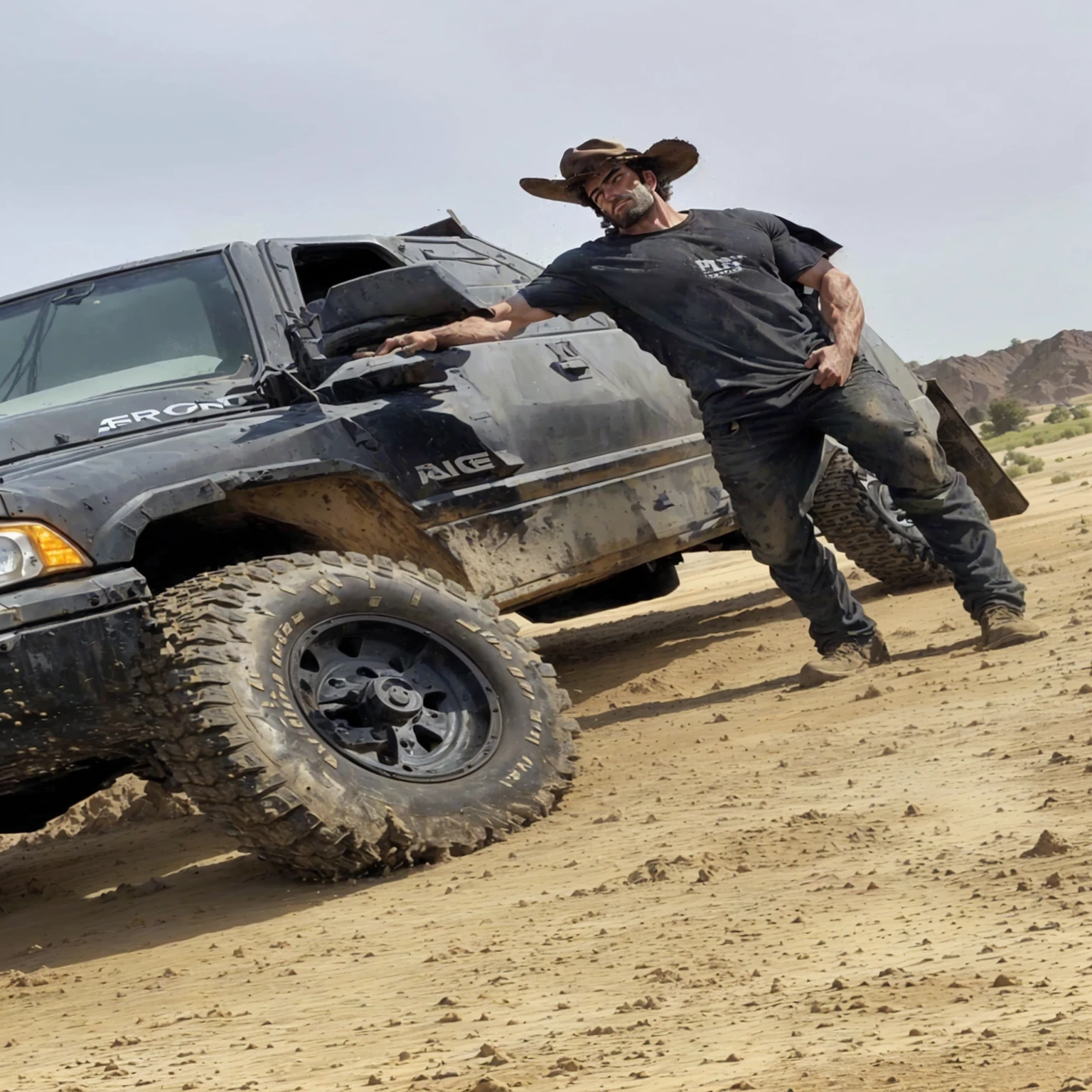 arafed truck with a man standing next to it in the dirt, rugged and dirty, stuck in mud, lifted, mid body shot, off-roading, perfectly poised, rugged, smooth in _ the background, strong and tall, black soggy pants, powerful stance, off - road, well built, rugged details, mid-shot of a hunky