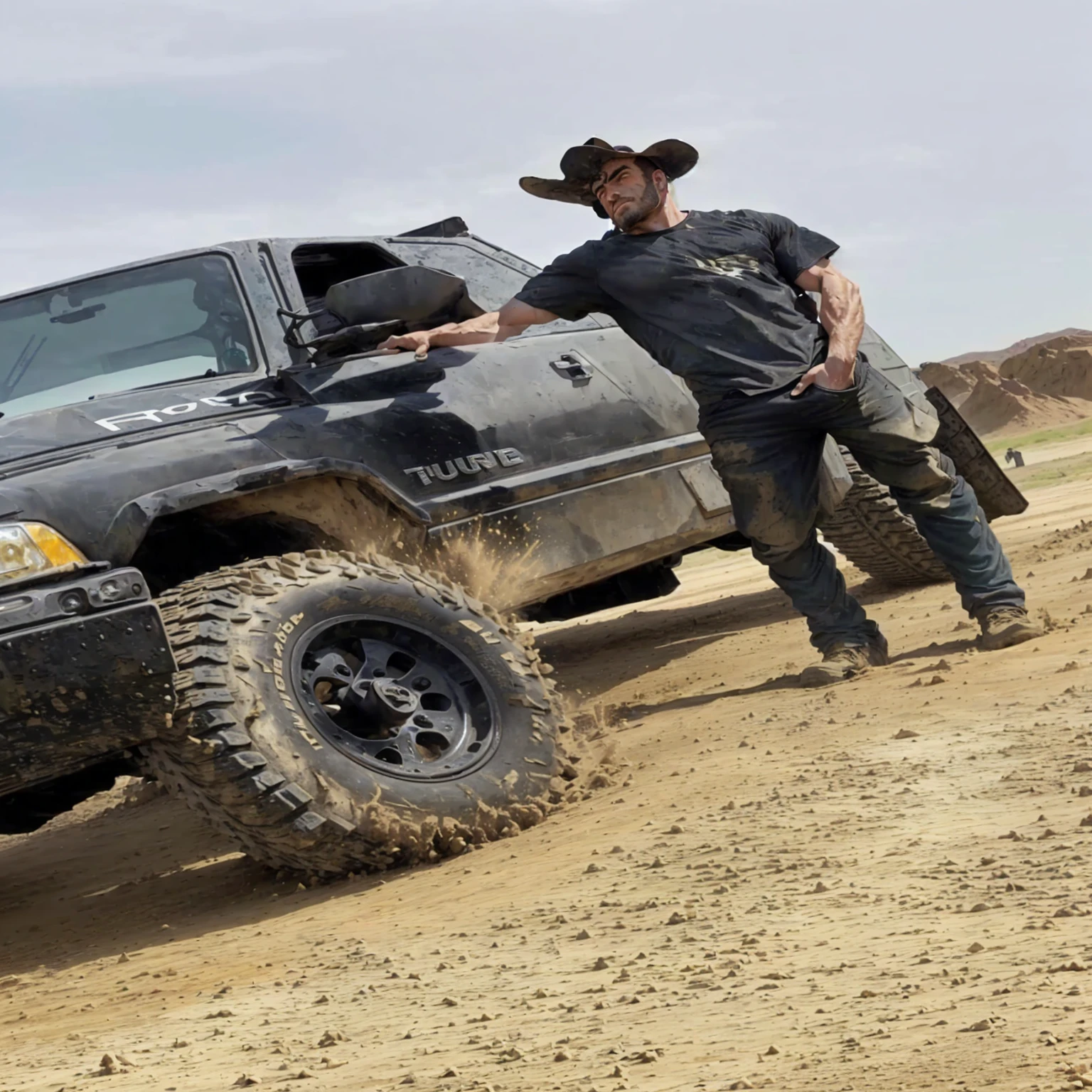 arafed truck with a man standing next to it in the dirt, rugged and dirty, stuck in mud, lifted, mid body shot, off-roading, perfectly poised, rugged, smooth in _ the background, strong and tall, black soggy pants, powerful stance, off - road, well built, rugged details, mid-shot of a hunky