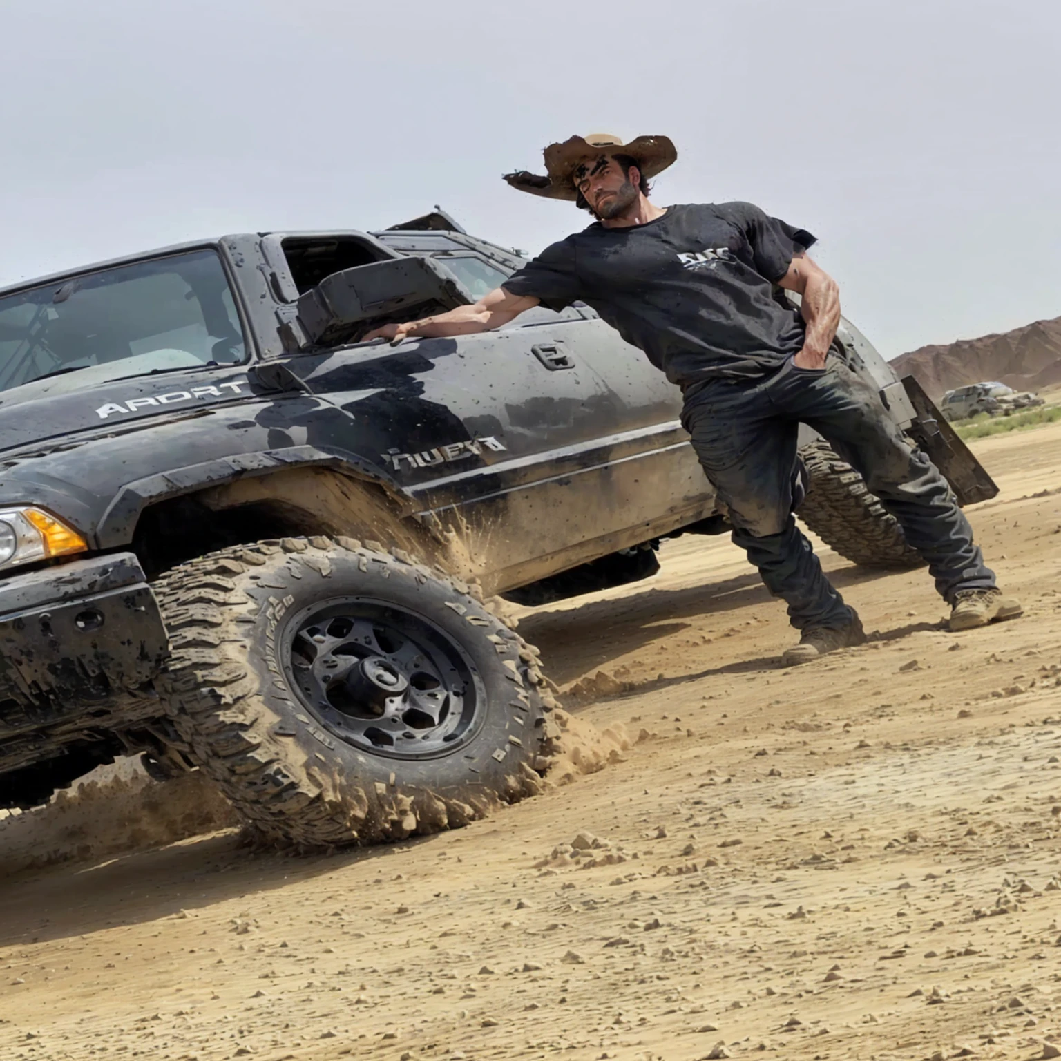 arafed truck with a man standing next to it in the dirt, rugged and dirty, stuck in mud, lifted, mid body shot, off-roading, perfectly poised, rugged, smooth in _ the background, strong and tall, black soggy pants, powerful stance, off - road, well built, rugged details, mid-shot of a hunky