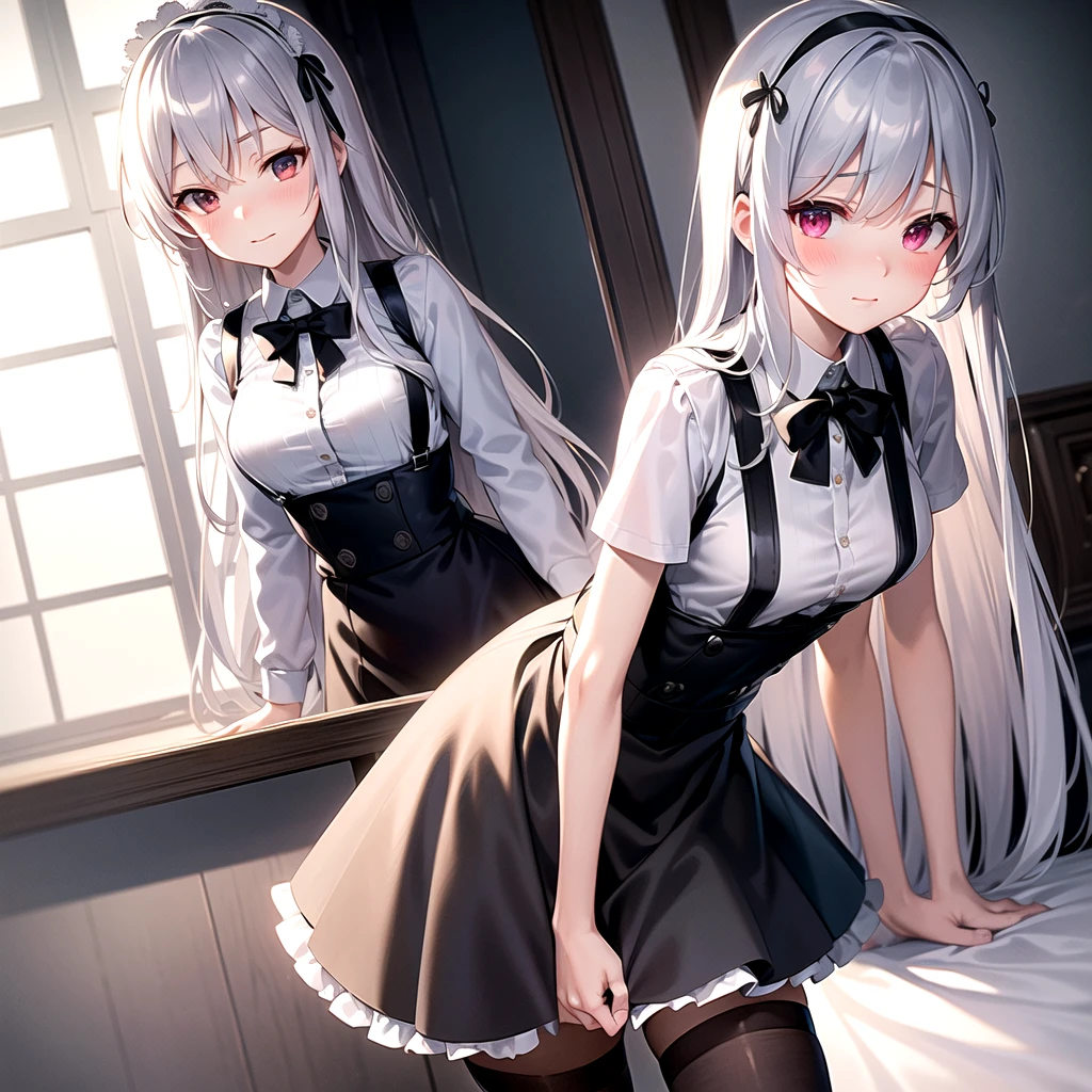 Best Quality, ultra-detailliert, very detailed illustration, silber hair, Aimei, embarrassed from,breastsout,((Suspender Skirt)),red blush,Black tie,Be undress,suspenders、skirt by the、Casual clothing,Maids