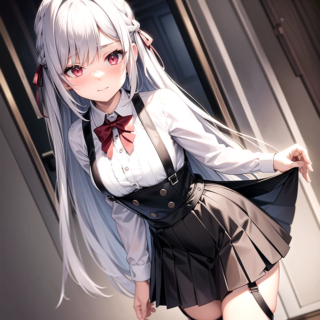 Best Quality, ultra-detailliert, very detailed illustration, silber hair, Aimei, embarrassed from，breastsout，((Suspender Skirt))，red blush，Black tie，Be undress，suspenders、skirt by the、Casual clothing，Maids