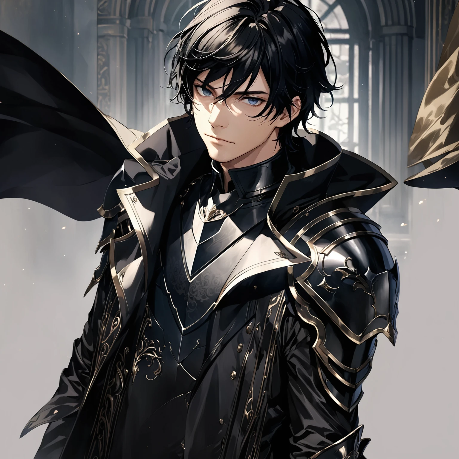 masterpiece, best quality, 1man, adult, male focus, solo, medium hair, black hair, looking at viewer, High quality metal texture, overcoat, closed mouth, upper body, bangs, high collar,(kbxll:0.6), Fantasy aesthetics, Highly detailed, shadowverse style, black armor, leather jacket, symmetry design