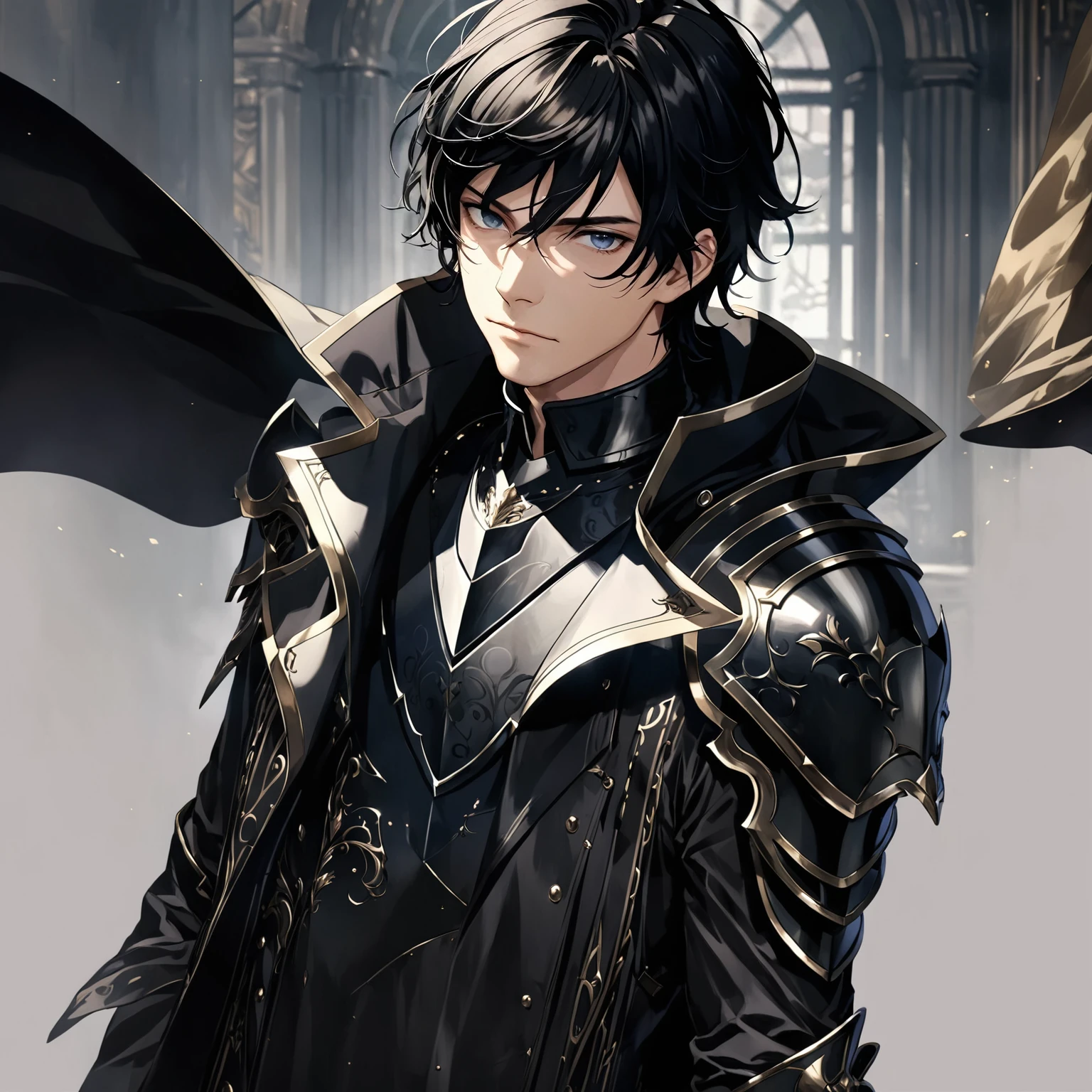 masterpiece, best quality, 1man, adult, male focus, solo, medium hair, black hair, looking at viewer, High quality metal texture, overcoat, closed mouth, upper body, bangs, high collar,(kbxll:0.6), Fantasy aesthetics, Highly detailed, shadowverse style, black armor, leather jacket, symmetry design