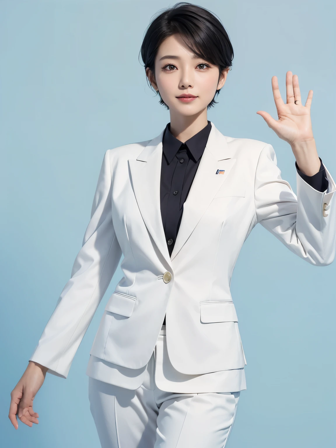 High quality picture, masterpiece, 4K, Renju, (Japanese Constitutional Democratic Party politician),40years old, beautiful woman, black short Pixie cut , wearing white office suit, waving. Colourful background. ,  waving. white background.