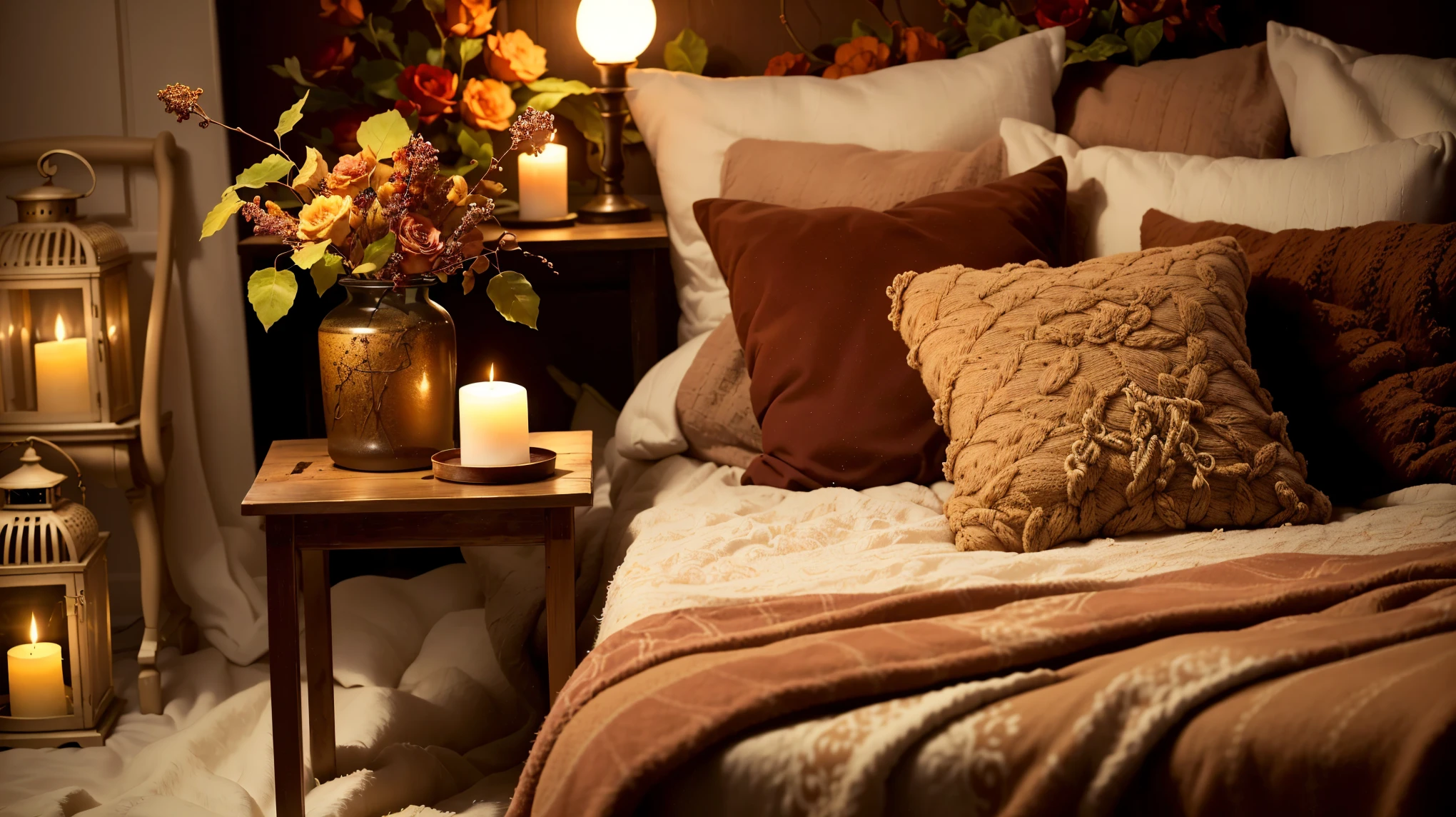 There are many candles on the bed with a brown blanket., Warm and cozy colors, Cozy candlelight, Cozy atmosphere, Cozy atmosphere, Cozy and quiet atmosphere, Cozy atmosphere, Pleasant atmosphere, Cozy atmosphere, Cozy atmosphere, Cozy and calm, Comfortable bed, Pleasant atmosphere, Cozy place, Cozy home background, pleasant Cozy atmosphere, Cozy environment, Designed for comfortable beauty!