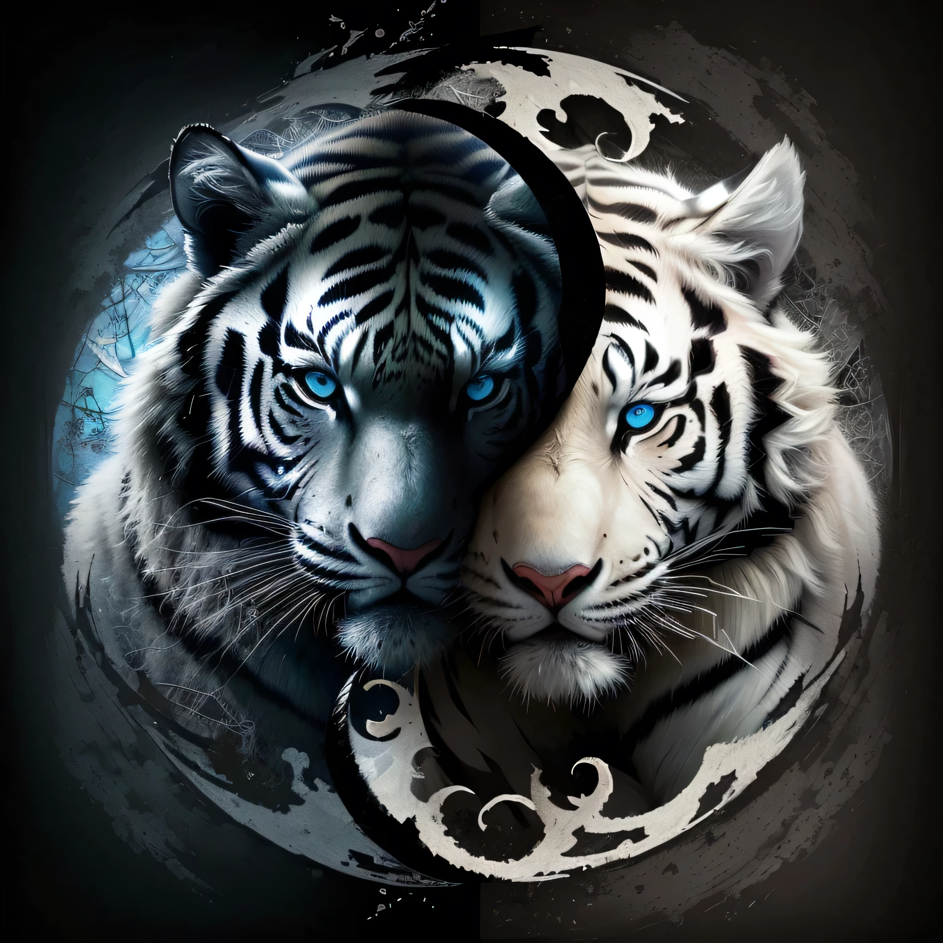there is a white tiger with blue eyes and a black background, tigers, white tiger, yin and yang, half tiger, tiger_beast, tiger, Astonishing, sacred tiger, yin yang, The art of math animal photo, Three 0, The art of math. Very detailed, digital painting Very detailed, gorgeous The art of math, very beautiful The art of math, The art of math Very detailed