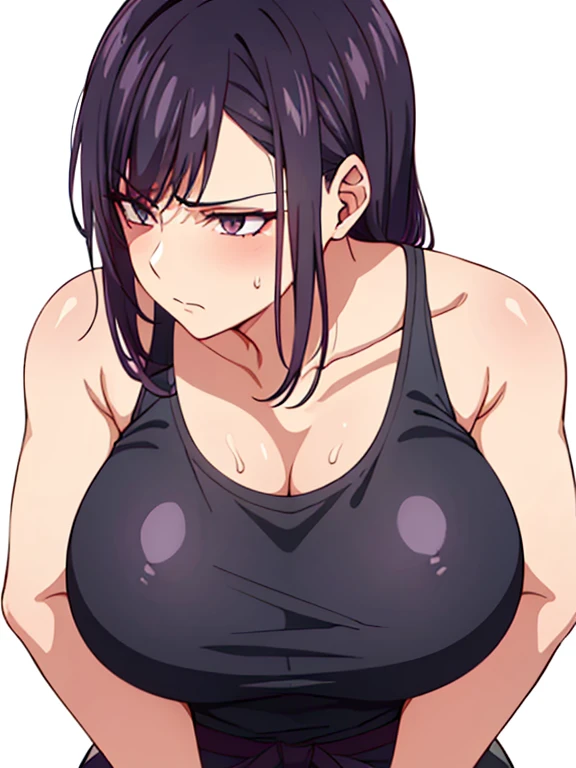 1 milf, purple and slightly black hair, wearing a black tank top, cynical look, angry face, white background, sex scene with guy