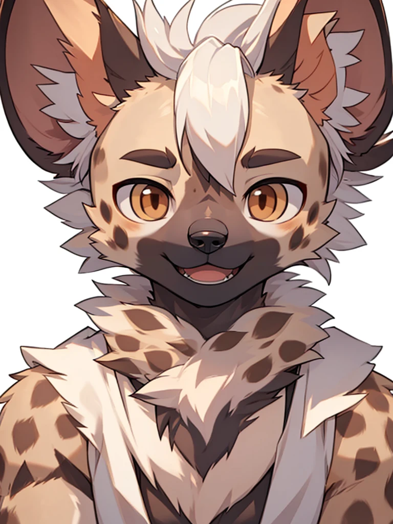 (Best image quality),(masterpiece),(((The only one))),(Very detailed),(Male hyena:1.5), (White hair:1.3), hairy，((Brown eyes)) ,(hairy动物耳朵)，Open your mouth slightly，Smile，Small and sharp，Natural Lighting，Pure white background, Delicate face，Details on the face，character focus，Depth of Field，Perfect lighting，Clear focus，Solitary，Front view，Handsome，Shota，Smirk