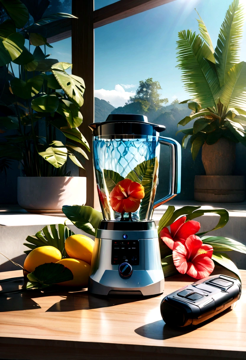 Ultra realistic bmw m4 scene, parallel world, tropical otherworldly plant as god, cult, tropical flowers, unusual art, unique art, summer blue sky background, sunlight, bright sunlight, blender, product rendering, HD 8K. --v6