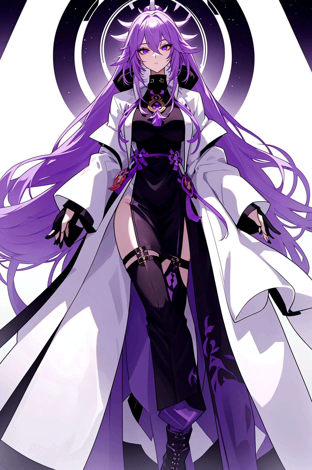 tall female model. fair skin, purple eyes, and thigh-length light purple hair. purple eyes and long, muted light purple hair that is tied at the bottom. and white fur coat that start under the choulders to the ankles and narrow high-neck black leather shirt visible on the chest .big  and black boots .hair cover right eye.yae miko similar face

