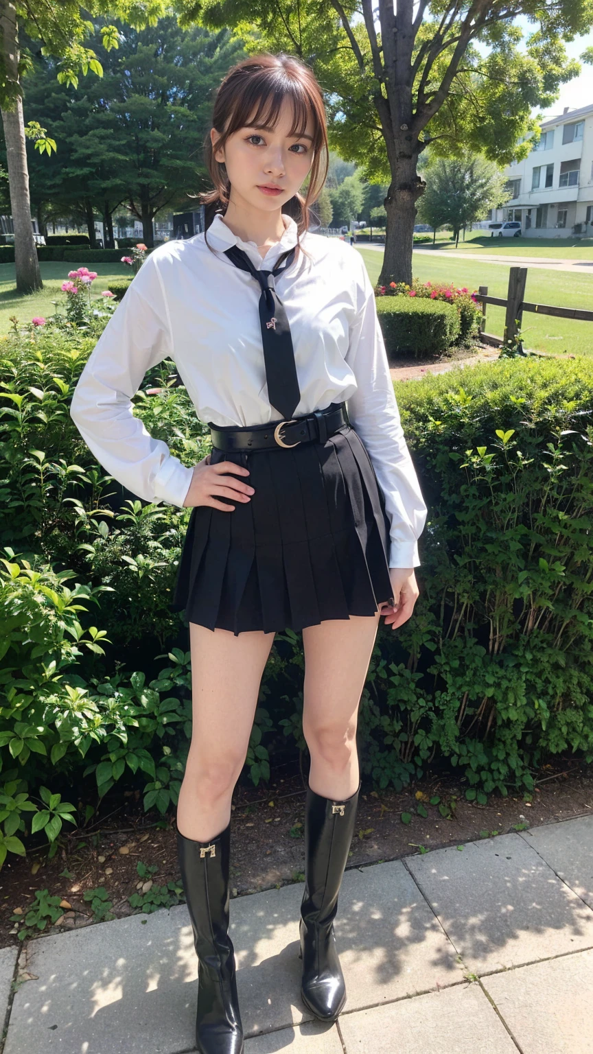 (8K、RAW Photos、Highest quality、masterpiece:1.2)、(Realistic、Realistic)、1 Girl、((Check mini skirt、tie、Medium Hair、black、Thin legs、whole body、boots、blackいコート、one piece、garden、View from the front、Looking into the camera、belt、Stand with hands on hips))、
