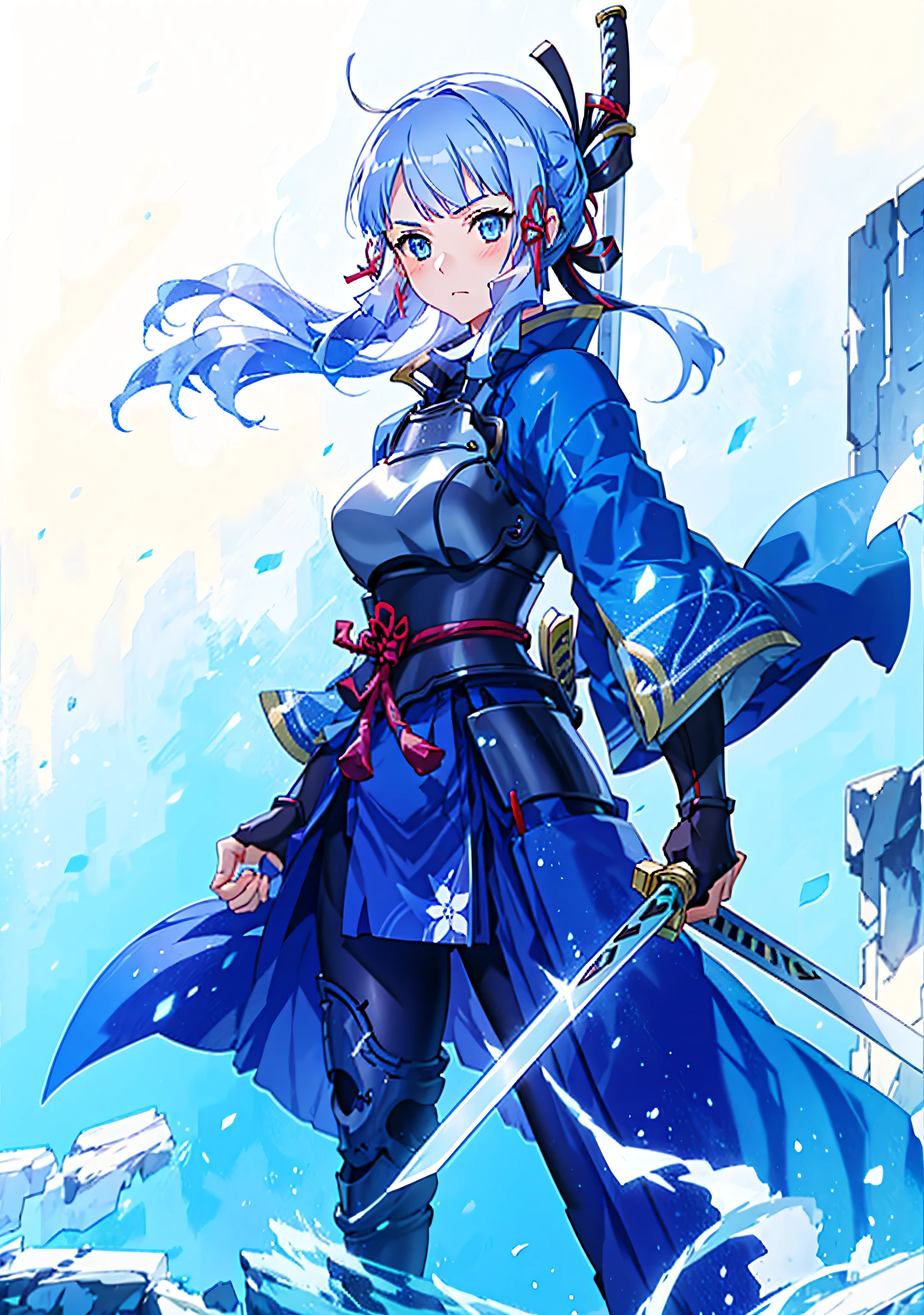 View the viewer, 1 Girl,  Highest quality, Blue Hair, blue eyes, Japanese style armor, Sword in hand, electricity, kamisato ayaka, whole body, blush, Serious face、Very detailed、high resolution、High resolution、Written boundary depth,White Background,A sword as big as your body