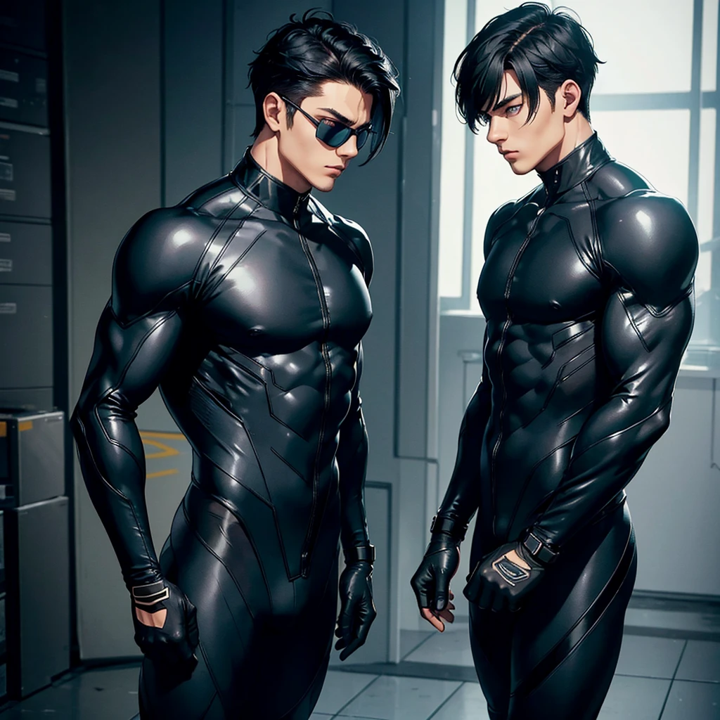 man, masculine man, muscular man, black hair, short hair, black mask, futuristic clothes, tight suit, navy suit, military suit