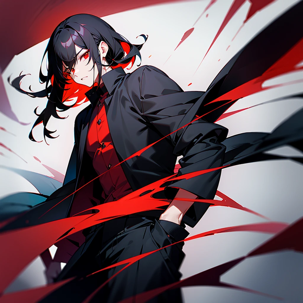 A man with medium length black hair and ruby red eyes wearing black clothes 